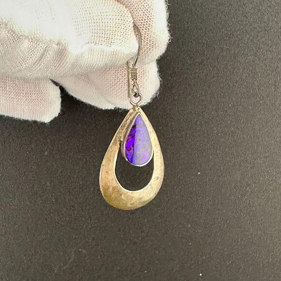 Vintage 925 Silver Purple Abalone Shell MOP in Resin Dangle Hook Earrings 1.75" - Picture 10 of 12